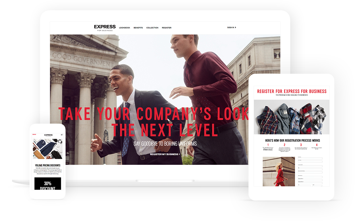 High end look and feel to match EXPRESS branding Web experience for business fashion program