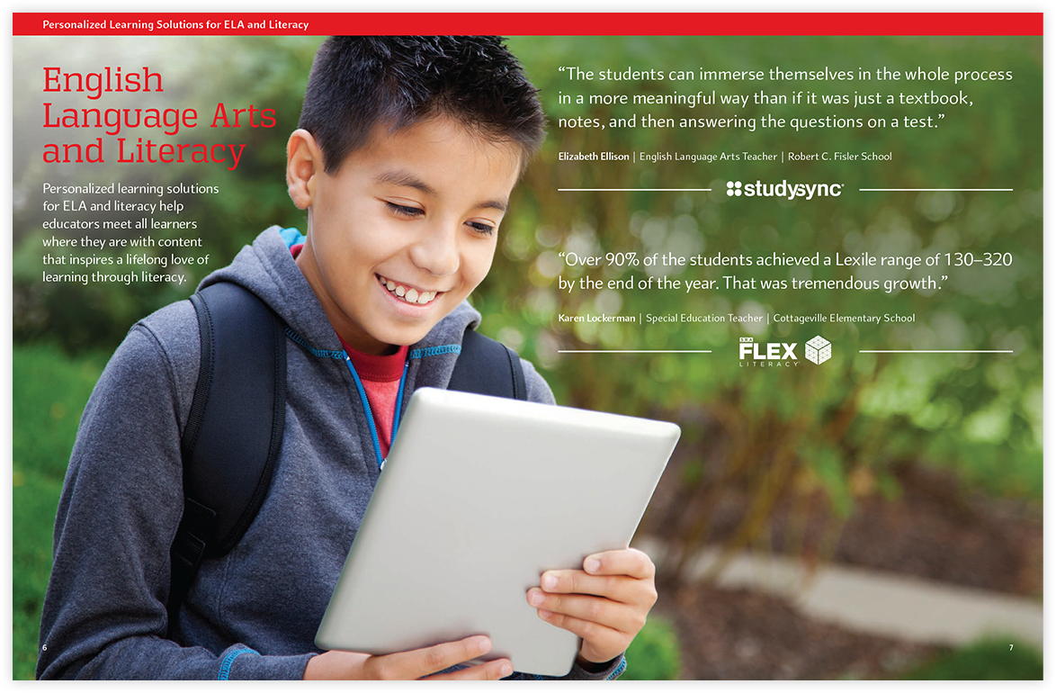 Marketing collateral for education audience sample spread from K-12 brochure